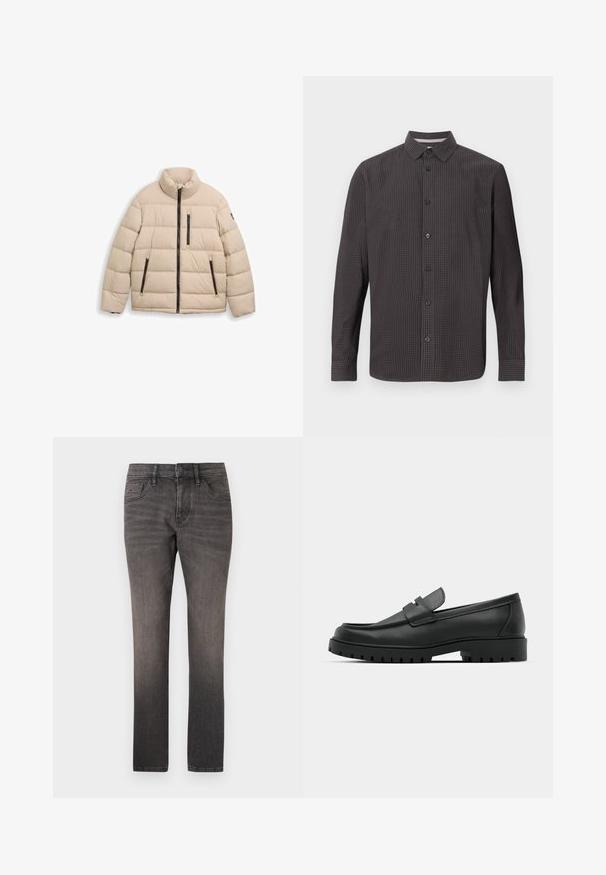 TOM TAILOR SPORTY PUFFER - Χειμωνιάτικο μπουφάν - light cashmere; Μακρυμάνικο πουκάμισο με κουμπιά σε σκούρο καρό σχέδιο. Διαθέτει κλασικό γιακά, μπροστινή τσέπη και μαύρα κουμπιά. Είναι κατασκευασμένο από ελαφρύ ύφασμα.; TOM TAILOR JOSH - Straight leg jeans - used dark stone black denim; Μαύρα δερμάτινα λουστρίνια με στρογγυλή μύτη, που διαθέτουν ραμμένο σχέδιο, χαμηλή πλατφόρμα και υφή με λαστιχένια σόλα με προεξοχές.