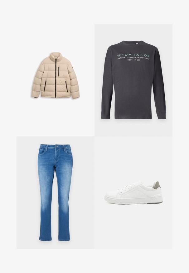 TOM TAILOR SPORTY PUFFER - Chaqueta de invierno - light cashmere; TOM TAILOR PRINTED - Camiseta de manga larga - tarmac grey; Vaqueros de denim azul con un corte recto, que cuentan con cinco bolsillos, un cierre de cremallera y costuras en contraste. La tela tiene un lavado medio con decoloración.; Zapatilla blanca con material de cuero liso, punta redonda, diseño minimalista, acento gris en el talón y suela de goma texturizada.