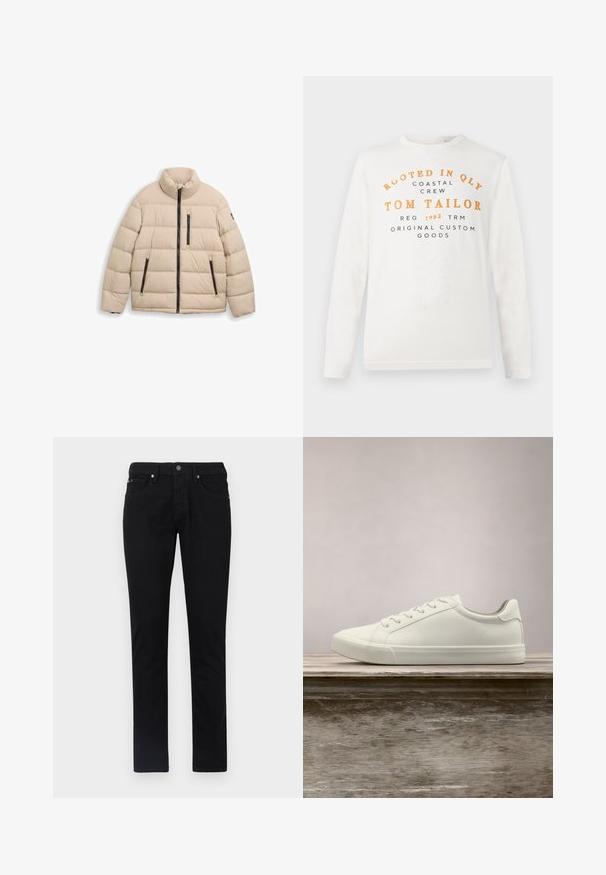 TOM TAILOR SPORTY PUFFER - Chaqueta de invierno - light cashmere; Camisa blanca de manga larga con texto en naranja y negro que dice "Rooted in QLY Coastal Crew Tom Tailor Reg 1962 TRM Original Custom Goods" en la parte frontal.; Pantalones vaqueros negros de denim, diseño de pierna recta, con cinco bolsillos, cierre de botón en la parte delantera y una textura suave y uniforme.; Zapatilla blanca con cordones flotando sobre un banco de madera con follaje verde al fondo, mostrando el diseño y la textura del zapato.