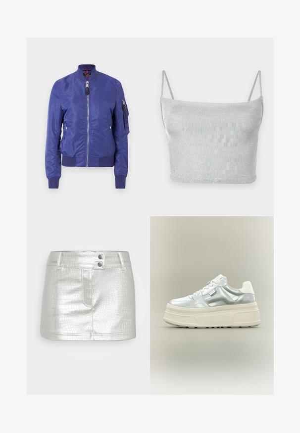 Blaue Bomberjacke aus glattem Material, mit einem Frontreißverschluss, gerippten Bündchen und einer Utility-Tasche mit Reißverschluss am Ärmel.; Silbernes, metallisch glänzendes, gestricktes Crop-Top mit dünnen, verstellbaren Trägern. Enganliegendes Design und glatte Textur. Keine Muster oder sichtbare Verzierungen.; Silberner, Kunstlederrock mit strukturiertem Krokodilmuster, ausgestattet mit zwei blauen Knopfakzenten und einem figurschmeichelnden Design.; Robuster Plateausneaker mit metallic-silbernem Obermaterial, weißen Schnürsenkeln und dicker, cremefarbener, strukturierter Sohle, seitlich auf neutralem Hintergrund dargestellt.