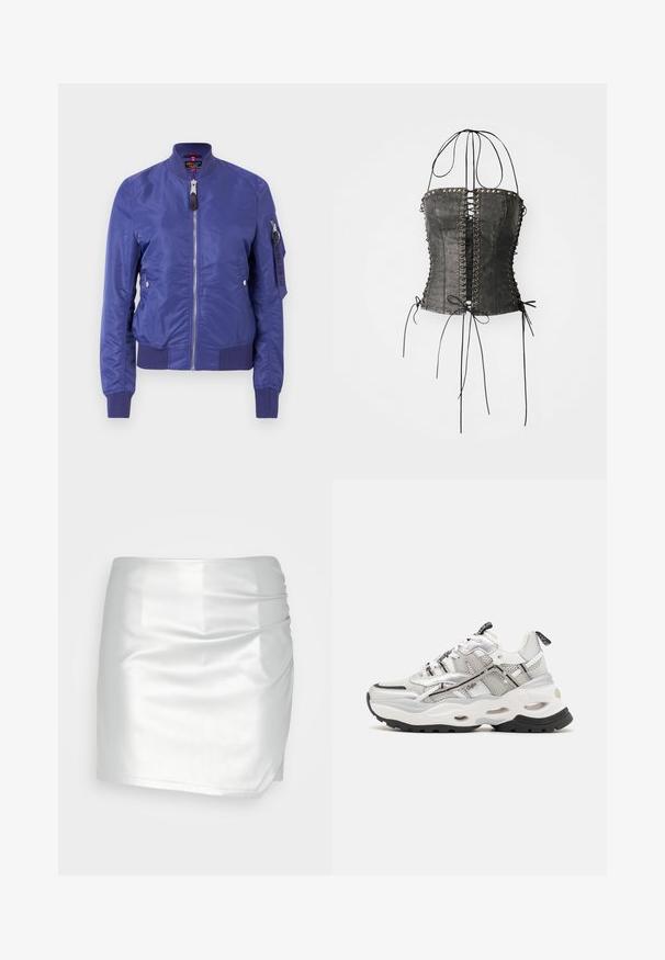 Blaue Bomberjacke aus glattem Material, mit einem Frontreißverschluss, gerippten Bündchen und einer Utility-Tasche mit Reißverschluss am Ärmel.; Jaded London LONGLINE LACE UP HALTER CORSET - Top - black; Even&Odd by Zalando Shorts - silver; Weißer und grauer Sportschuh aus Mesh und synthetischen Materialien, dicke Sohle, auffälliges schwarzes Profil und Schnürdesign mit Akzenten.