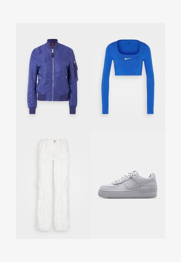 Modrá bomber bunda vyrobená z hladkej tkaniny, so zipsom na prednej strane, rebrovanými manžetami a úžitkovou kapsou so zipsom na rukáve.; Nike Sportswear W NSW LS CROP TOP SW - Top s dlhým rukávom - game royal/phantom; BDG Urban Outfitters Džínsy voľného strihu - white; Šedé tenisky Nike Air Force 1 s perforovanou špičkou, hladkým koženým zvrškom, hrubou podrážkou a embosovaným detailom 'AIR' na päte.