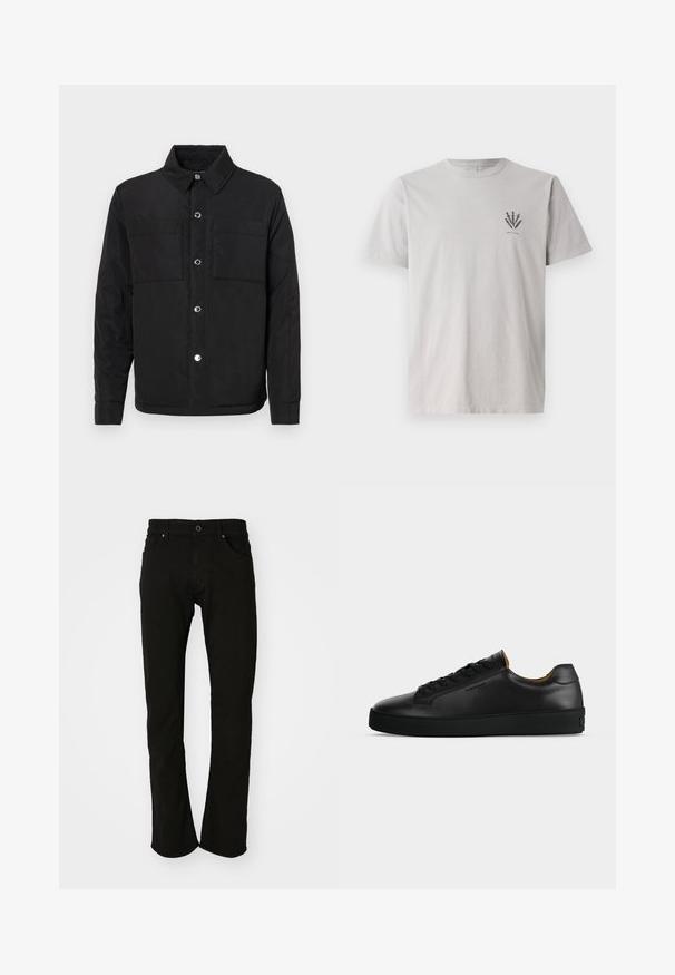 Schwarze gepolsterte Jacke mit Knopfverschluss an der Vorderseite, zwei Brusttaschen und einem Kragen. Hergestellt aus glattem Stoff mit matter Oberfläche.; Graues Baumwoll-T-Shirt mit kurzen Ärmeln, das ein kleines dunkles grafisches Design auf der linken Brustseite zeigt. Klassisches Rundhals-Design.; Schwarze Jeans aus Denim mit geradem Beinanschnitt, ausgestattet mit einem klassischen Bund, Fronttaschen und einer glatten Textur. Keine sichtbaren Muster oder Akzente.; Schwarzer flacher Ledersneaker mit schwarzen Schnürsenkeln, strukturierter Gummisohle und kleinem eingeprägtem Logo an der Seite, im Profil vor grauem Hintergrund gezeigt.