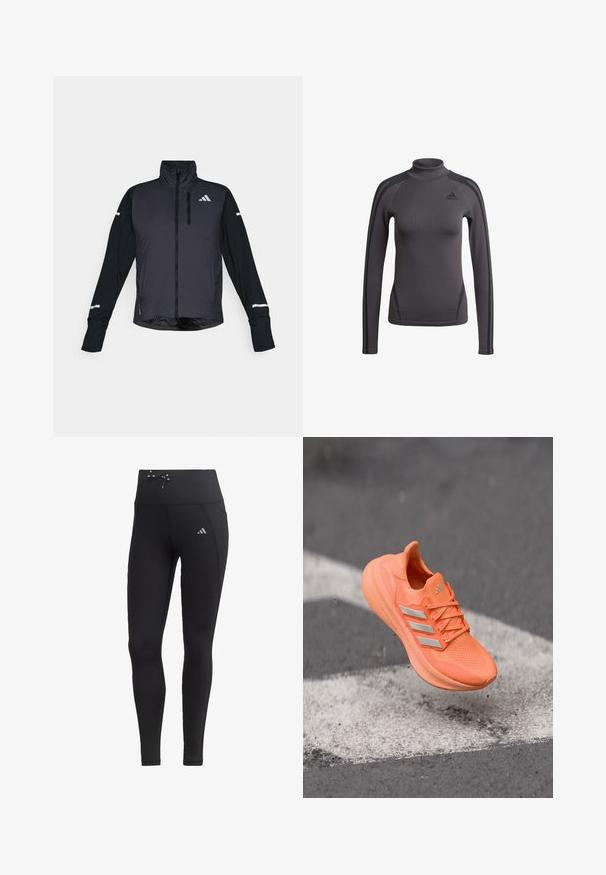 Veste de sport noire avec un col haut, une fermeture éclair à l'avant et des manches longues. Présente un panneau avant brillant, des manches mates contrastantes et des accents réfléchissants.; Haut gris à manches longues avec un col montant, en tissu texturé avec des bandes noires d'accent sur les épaules, arborant un logo Adidas sur la poitrine.; Leggings noirs avec taille haute, cordon de serrage et poches latérales. Fabriqués à partir d'un tissu lisse avec un accent de logo réfléchissant.; Chaussure de sport orange vif avec une tige texturée, des bandes argentées réfléchissantes et une semelle rembourrée, suspendue au-dessus d'une surface grise.