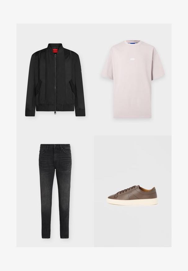 Veste bomber noire avec fermeture éclair devant, col, poignets et ourlet côtelés, deux poches à rabat inclinées, et étiquette de marque rouge HUGO à l’intérieur du col.; T-shirt oversize beige clair à manches courtes avec un petit logo "HUGO" centré sur la poitrine, sur un fond uni.; Jean noir slim fit délavé avec fermeture par bouton et fermeture éclair, poches avant et arrière, présenté à plat sur fond blanc.; Baskets en cuir marron à texture lisse, semelle extérieure crème contrastante, bout arrondi et lacets marron foncé ; présente un logo discrètement embossé.
