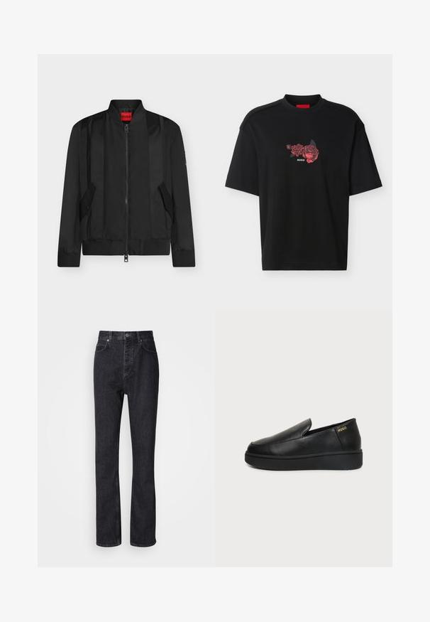 Veste bomber noire avec fermeture éclair devant, col, poignets et ourlet côtelés, deux poches à rabat inclinées, et étiquette de marque rouge HUGO à l’intérieur du col.; T-shirt noir à manches courtes avec un petit motif de rose rouge et le texte "HUGO" imprimé au centre de la poitrine.; Jean en denim noir taille haute avec fermeture à bouton et à glissière, poches avant et arrière, et coupe droite.; Chaussure noire en cuir à enfiler avec semelle épaisse et petits trous de ventilation latéraux, avec un logo doré "HUGO" près du talon.