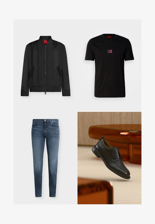 Veste bomber noire avec fermeture éclair devant, col, poignets et ourlet côtelés, deux poches à rabat inclinées, et étiquette de marque rouge HUGO à l’intérieur du col.; T-shirt en coton noir avec un petit logo rectangulaire en dégradé de noir et rouge sur la poitrine. Manches courtes et col rond.; Jean skinny en denim bleu avec poches avant, passants pour ceinture et fermeture à bouton avec braguette zippée.; Chaussure habillée noire en cuir à lacets avec devant texturé, flottant au-dessus d'un tapis beige dans une pièce moderne avec des meubles teintés d'ambre.
