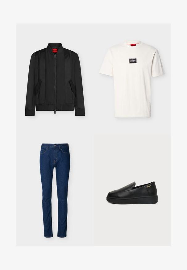 Veste bomber noire avec fermeture éclair devant, col, poignets et ourlet côtelés, deux poches à rabat inclinées, et étiquette de marque rouge HUGO à l’intérieur du col.; T-shirt blanc à manches courtes avec col rond, doté d'un petit patch rectangulaire noir et du texte blanc "HUGO" sur la poitrine.; Jean en denim bleu foncé à coupe slim, design à cinq poches, coutures visibles et fermeture par bouton à la taille. Texture lisse.; Chaussure noire en cuir à enfiler avec semelle épaisse et petits trous de ventilation latéraux, avec un logo doré "HUGO" près du talon.