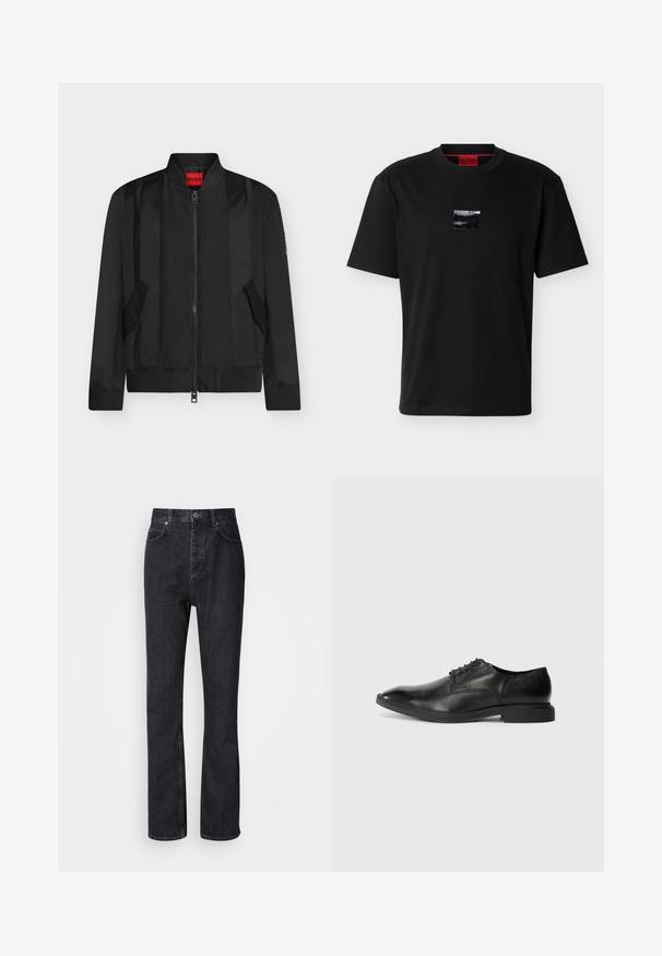 Veste bomber noire avec fermeture éclair devant, col, poignets et ourlet côtelés, deux poches à rabat inclinées, et étiquette de marque rouge HUGO à l’intérieur du col.; T-shirt noir à manches courtes avec un petit patch logo carré noir brillant centré sur la poitrine et une étiquette de col intérieure rouge.; Jean en denim noir taille haute avec fermeture à bouton et à glissière, poches avant et arrière, et coupe droite.; Chaussure habillée en cuir noir avec une texture lisse, bout pointu, design à lacets à six œillets et un petit talon rectangulaire. Détail de marque subtil sur le côté.