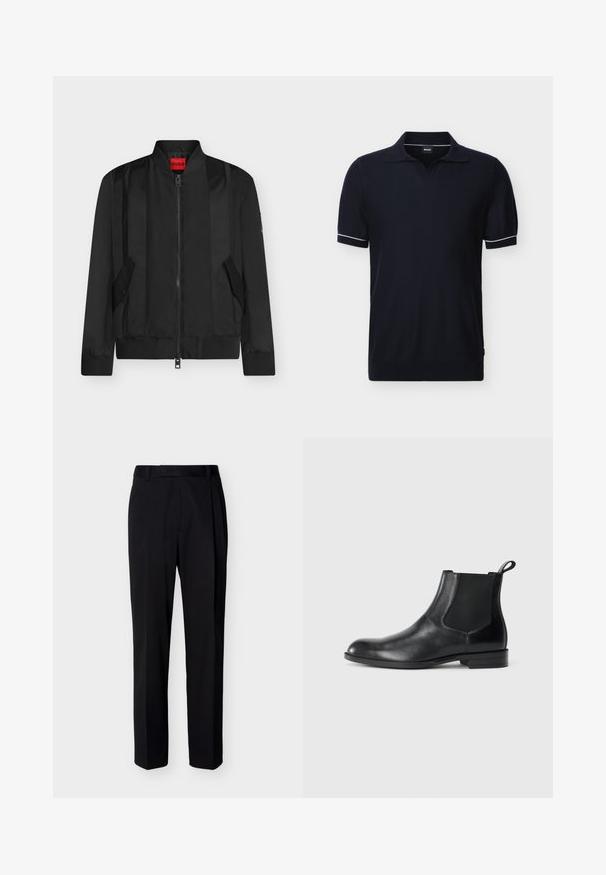 Veste bomber noire avec fermeture éclair devant, col, poignets et ourlet côtelés, deux poches à rabat inclinées, et étiquette de marque rouge HUGO à l’intérieur du col.; Polo noir à manches courtes avec bordure blanche sur les poignets et col ouvert, présenté sur un fond clair uni.; Pantalon noir droit sur mesure avec passants de ceinture et plis avant, présenté sur un fond clair uni.; Bottine en cuir noir avec des panneaux latéraux élastiques, bout rond et tirette. Texture lisse, semelle plate, design minimaliste.