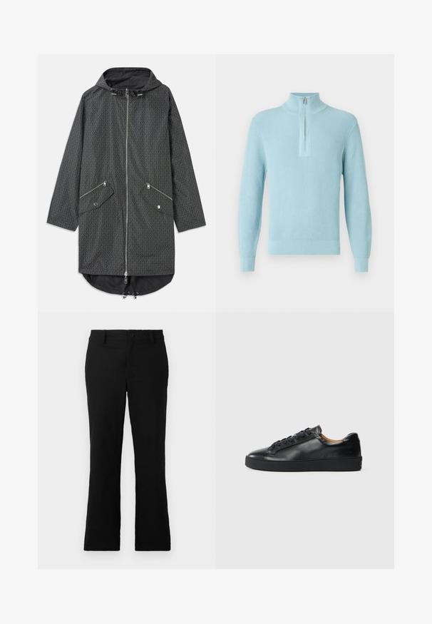 Parka noire imperméable avec un motif géométrique, fermeture éclair sur le devant, deux poches zippées et cordon de serrage ajustable à l'ourlet.; Pull bleu clair côtelé avec un col montant, une fermeture à glissière mi-hauteur, des manches longues et un ourlet ajusté, fabriqué en tissu doux et texturé.; Pantalons évasés noirs en tissu mélangé coton, dotés d'une fermeture à bouton, de passants de ceinture et d'une texture lisse sans motifs visibles.; Baskets en cuir noir avec une texture lisse, bout rond et fermeture à lacets. Comprend une semelle en caoutchouc épaisse et un minimum de détails de marque.