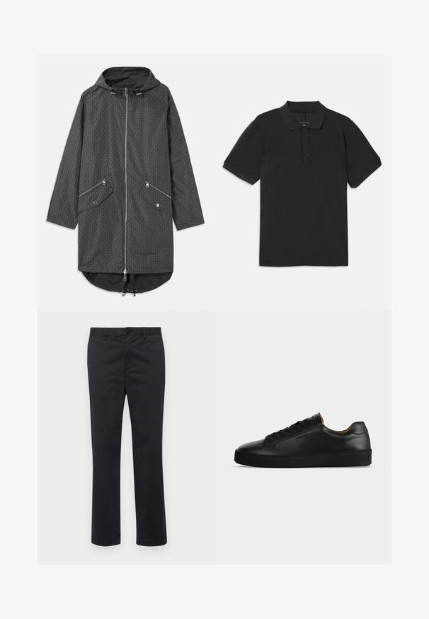 Parka noire imperméable avec un motif géométrique, fermeture éclair sur le devant, deux poches zippées et cordon de serrage ajustable à l'ourlet.; Polo noir à manches courtes, avec un col et une patte de boutonnage à trois boutons. Fabriqué à partir d'un tissu lisse et léger, présentant un design classique.; Pantalons en coton noir avec une coupe droite, dotés d'une fermeture à bouton et de passants de ceinture. Texture lisse, sans motifs ni accents visibles.; Basket basse en cuir noir avec lacets noirs, semelle en caoutchouc texturée et petit logo embossé sur le côté, présenté de profil sur fond gris.