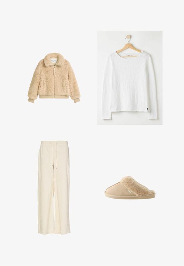 Beige, fluffy zip-jakke med høj krave, ribbede manchetter og talje, lavet af blødt, struktureret faux shearling-stof.; Hvid langærmet sweater lavet af struktureret strikket stof, med en rund halsudskæring og et lille logo mærke på den nederste side.; Bredde benbukser i creme, lavet af et tekstureret stof med et ribbet mønster. Har en elastisk talje med snøre for justerbarhed.; Beige slippers med en blød faux fur-overdel og en suede underdel. Har en tekstureret sål og detaljer med stikninger på siden. Mærkets tag er synligt.