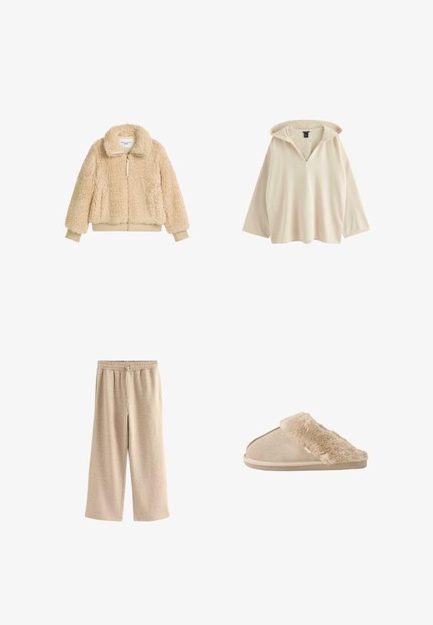 Beige, fluffy zip-jakke med høj krave, ribbede manchetter og talje, lavet af blødt, struktureret faux shearling-stof.; Beige langærmet hættetrøje med dyb V-udskæring og løs pasform, vist på hvid baggrund.; Cremefarvede breddebenede bukser lavet af blødt bomuldsblandingsstof. Har en elastisk talje med snor og en subtil plettet tekstur.; Beige slip-on tøfler med blødt ruskind yderside og blødt, fluffy inderfor og manchet, designet til komfort indendørs.
