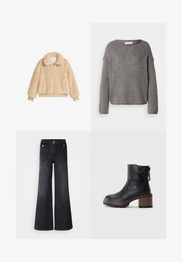 Beige, fluffy zip-jakke med høj krave, ribbede manchetter og talje, lavet af blødt, struktureret faux shearling-stof.; Grå strikket sweater med løs pasform, bred halsudskæring og lange ærmer. Stoffet virker blødt og har en tekstur, der antyder varme.; Sorte denim brede ben jeans med høj talje, forknapper og to forlommer; glat tekstur med en let falmet finish.; Sort læder ankelstøvle med kraftig brun hæl, kraftige såler og dekorativt omviklet bånd bagpå.