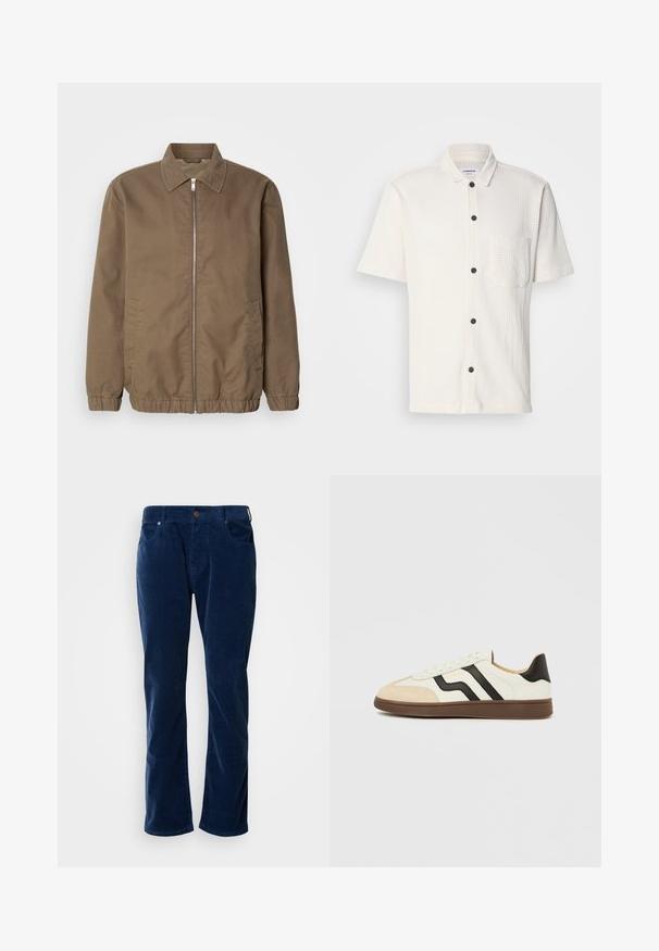 Brun zip-up jakke med krave, sidelommer, elastiske manchetter og en glat tekstur. Klassisk, minimalistisk design.; Hvid skjorte med korte ærmer og struktureret design, frontknapper i mørkebrun og en enkelt brystlomme.; Scotch & Soda THE ZEE STRAIGHT - Bukser - insignia blue; Hvid læder sneakers med sorte striber og tan ruskind tækkappe. Gummisål i mørkebrun. Snørebånd og polstret krave fuldender designet.
