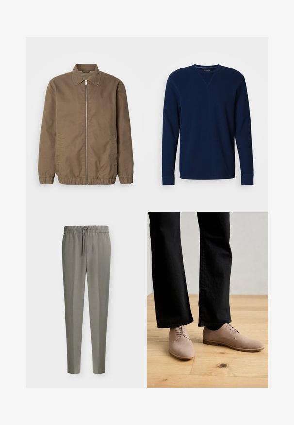 Veste zippée marron avec un col, poches latérales, poignets élastiques et une texture de tissu lisse. Design classique et minimaliste.; Sweatshirt bleu marine à manches longues avec col rond, poignets côtelés, texture douce et détail en point de croix au niveau de l'encolure.; Pantalon pour homme gris clair ajusté avec jambes fuselées et taille élastique dotée d'un cordon de serrage à l'avant.; Chaussures en daim marron clair avec une texture lisse, un bout rond et un design à lacets, associées à un pantalon noir à jambes droites sur un sol en bois.