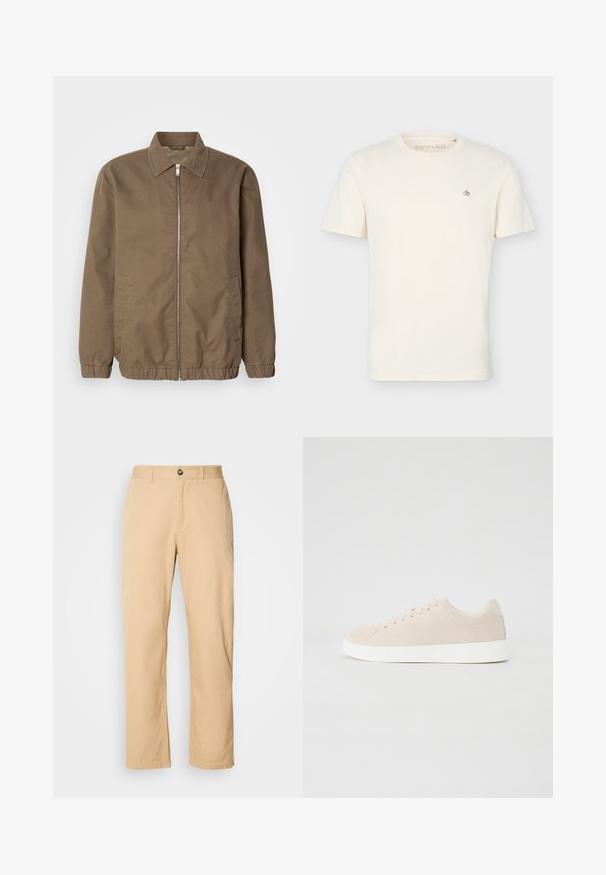 Brun zip-up jakke med krave, sidelommer, elastiske manchetter og en glat tekstur. Klassisk, minimalistisk design.; Simpel off-white t-shirt med korte ærmer og rund halsudskæring med en lille "Scotch & Soda" logo på øverste venstre bryst.; Khaki bomuldsbukser med lige ben-design, der har en frontknaplukning og bæltestropper. Glat tekstur og ensartet overflade.; Beige ruskindsneakers med hvide gummisåler, rund tå og seks snøringshuller. Glat tekstur med minimalisk design.