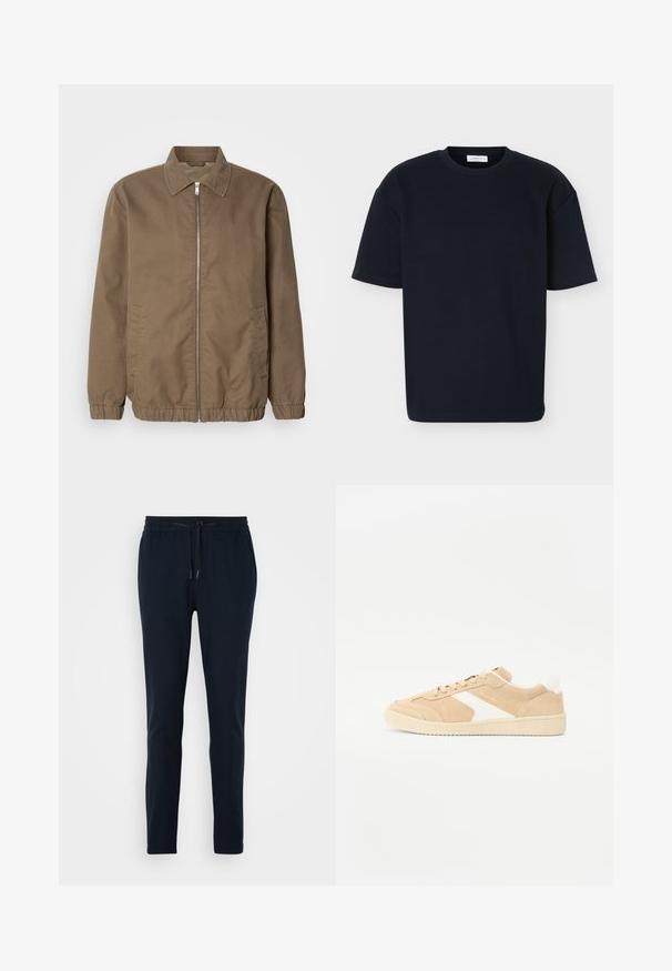 Veste zippée marron avec un col, poches latérales, poignets élastiques et une texture de tissu lisse. Design classique et minimaliste.; T-shirt noir à manches courtes avec col rond, coupe décontractée et tissu subtilement texturé, présenté sur un fond clair uni.; Pantalon de jogging bleu marine en tissu doux avec une taille élastique, cordon de serrage réglable et une coupe fuselée.; Baskets en suède beige avec des accents blancs, bout rond et fermeture à lacets. Tige texturée et semelle en caoutchouc avec un branding discret.