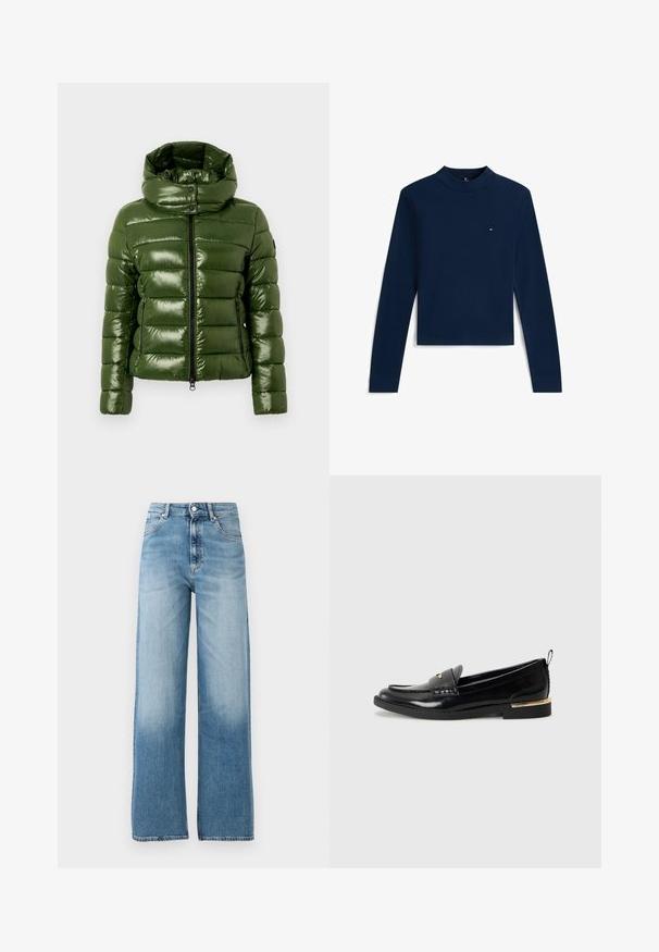 Groene pufferjas met een glanzende afwerking, voorzien van een hoge kraag, een horizontaal doorgestikt ontwerp en twee met rits te sluiten zijzakken.; Marineblauw cropped top met lange mouwen, een opstaande kraag en een klein rood-wit-blauw logo op de borst.; Lichtblauwe, wijde jeans met een hoge taille. Gemaakt van denim, met een knoopsluiting en vijf zakken. Vervaagt naar de bodem toe.; Zwarte lakleren loafers met een afgeronde neus, een decoratieve band en een gouden accent op de hak. Gladde textuur met gestikte details.