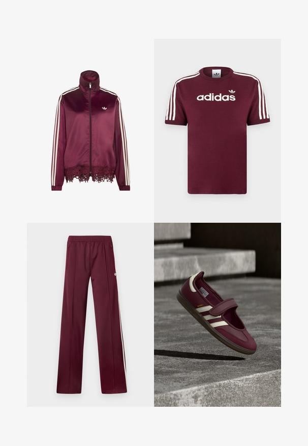 Casaco de cetim grená com fecho de correr, riscas brancas nas mangas, gola alta e acabamento em renda na bainha inferior.; T-shirt de algodão cor vinho com mangas às riscas brancas, apresentando o logotipo "adidas" branco no peito e um pequeno logotipo acima.; Calças de treino bordeaux com cintura elástica, bolsos laterais com fecho de correr, riscas laterais brancas e um pequeno logótipo branco da Adidas na parte exterior da coxa direita.; Ténis desportivo cor bordô com uma tira, riscas brancas laterais, sola de borracha texturada e parte superior em material liso. Ajuste regulável com interior almofadado.