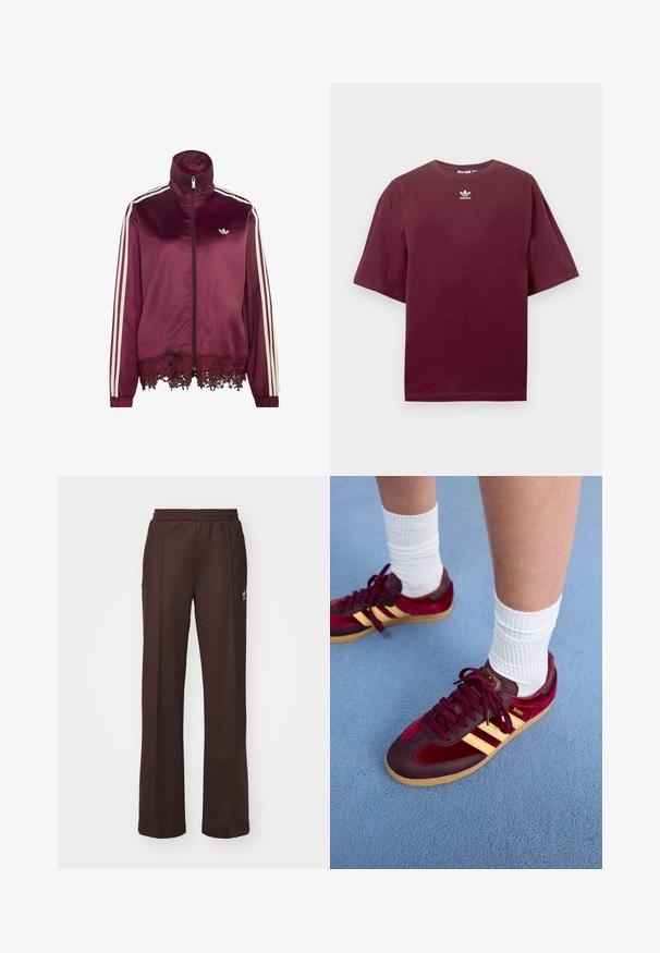Casaco de cetim grená com fecho de correr, riscas brancas nas mangas, gola alta e acabamento em renda na bainha inferior.; T-shirt de algodão cor bordô com gola redonda e mangas curtas, apresentando um logótipo branco da Adidas centrado no peito. Textura suave.; Calças de atletismo castanhas com um cós elástico, dois bolsos laterais e um pequeno logo do lado esquerdo, feitas de um tecido suave.; Sapatilhas de camurça e pele numa cor bordô, com riscas amarelas e sola de borracha. Meias brancas com texturas à vista acima do tornozelo, colocadas sobre uma superfície texturizada azul.