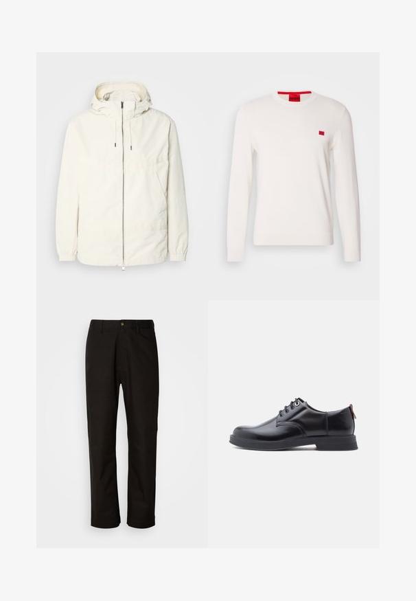 Leichte, cremefarbene Jacke mit Kapuze, Reißverschluss vorne, elastischen Bündchen und einer Kängurutasche. Glattes Gewebe mit minimalen Nähdetails.; Weißer Rundhalsausschnitt-Pullover mit langen Ärmeln, aus weichem Stoff gefertigt. Verfügt über ein kleines rotes Logo-Patch auf der Brust und ein kontrastierendes rotes Etikett am Kragen.; Schwarze Baumwollhosen mit geradem Schnitt, Gürtelschlaufen, einem Reißverschluss vorne und einem einzelnen Knopfverschluss. Glatte Textur ohne sichtbare Muster.; Schwarze Leder-Schnürschuhe mit glatter Textur, rundem Zehenbereich und dezenten Ziernähten. Mit einem roten Laschenband an der Ferse.