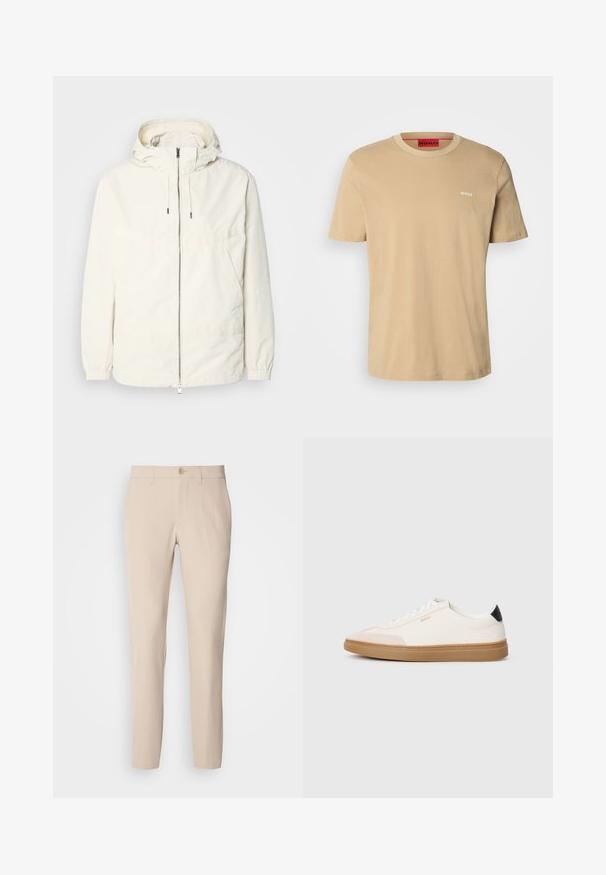Lichte, crèmekleurige jas met een capuchon, rits aan de voorkant, elastische manchetten en een kangoeroezak. Glad materiaal met minimale stikdetails.; Beige katoenen t-shirt met een ronde hals, korte mouwen en een klein wit "HUGO" logo op de borst. Een gladde textuur zonder patronen.; Beige broek van zachte stof, met knoopsluiting, rechte snit en zijzakken. Glad oppervlak met minimale stikdetails.; Witte sneakers met beige accenten, bovenwerk van glad leer, ronde neus en rubberen gumzool, met een zwarte hieltab en subtiele branding.