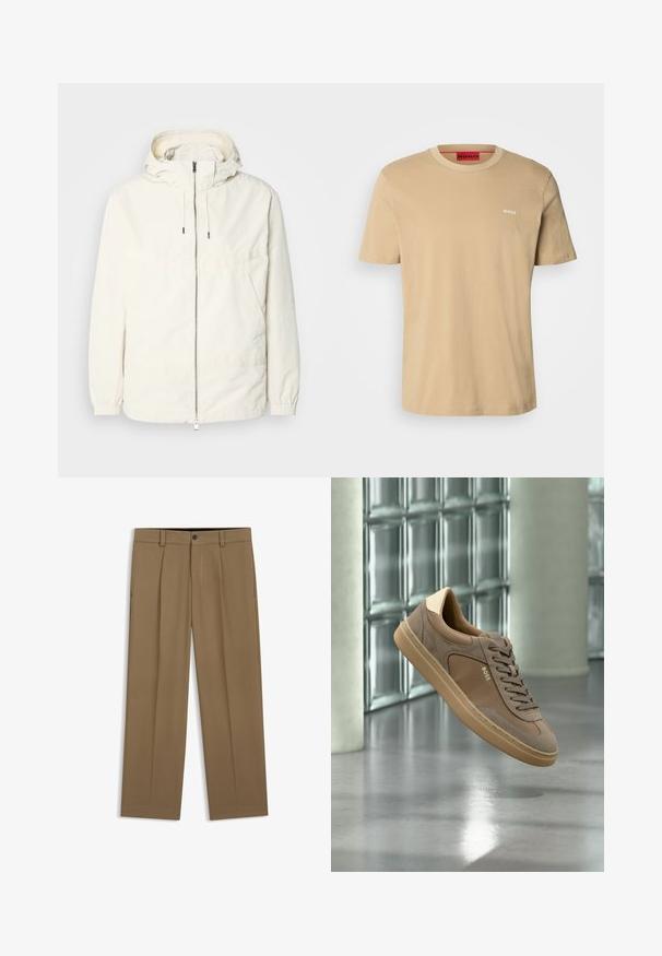 Leichte, cremefarbene Jacke mit Kapuze, Reißverschluss vorne, elastischen Bündchen und einer Kängurutasche. Glattes Gewebe mit minimalen Nähdetails.; Beige Baumwoll-T-Shirt mit Rundhalsausschnitt, kurzen Ärmeln und einem kleinen weißen "HUGO"-Logo auf der Brust. Glatte Textur ohne Muster.; Braune gerade geschnittene Hose mit Gürtelschlaufen, Vorderknopf und Reißverschluss, flach auf weißem Hintergrund dargestellt.; Beiger Freizeitsneaker mit Schnürsenkeln und „BOSS“-Logo, der über einem polierten Betonboden mit Glasbausteinwand im Hintergrund schwebt.
