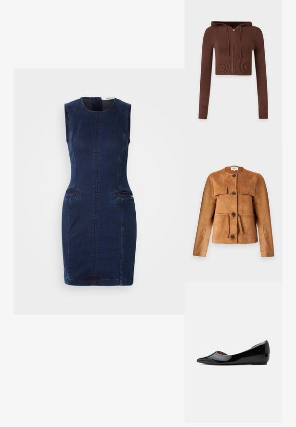 Veste en daim marron avec un col rond, poches avant et fermetures à boutons. Présente une silhouette ajustée et une finition texturée.; Sweat à capuche court en tricot marron avec manches longues, poignets côtelés et fermeture éclair devant sur fond uni.; Robe en jean sans manches bleu foncé avec une silhouette ajustée. Comprend des poches latérales et des coutures contrastées le long des jointures.; Chaussure plate en cuir verni noir avec bout pointu et petit talon compensé, vue de profil sur fond uni.