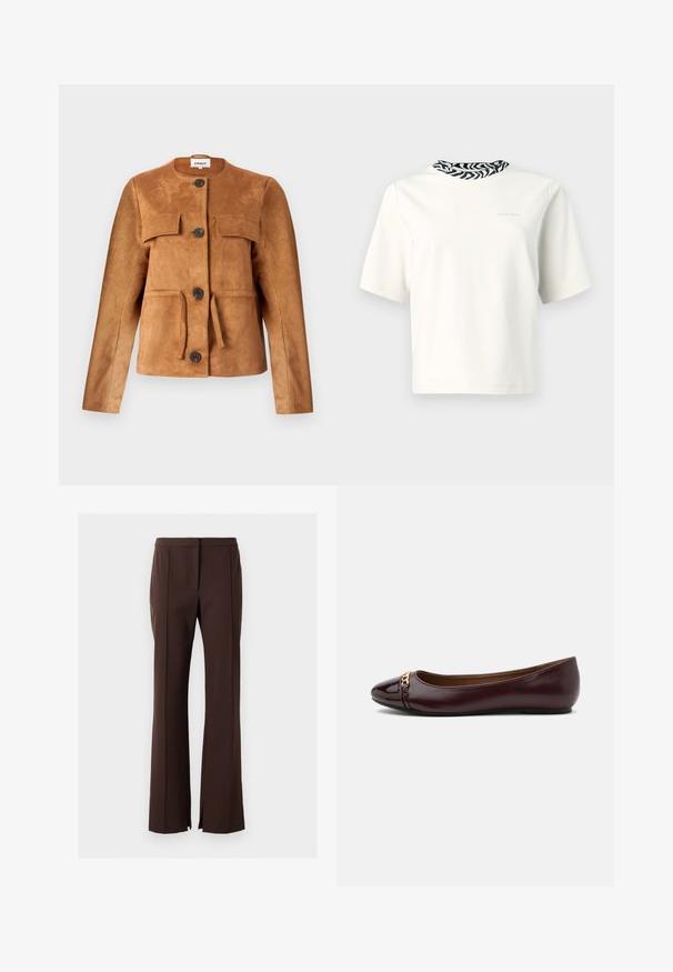 Veste en daim marron avec un col rond, poches avant et fermetures à boutons. Présente une silhouette ajustée et une finition texturée.; T-shirt à manches courtes en coton écru avec un détail d'encolure à motif zèbre noir et blanc. Design minimaliste, texture légère.; Pantalons marron ajustés avec une coupe droite, dotés de plis avant et d'entailles sur les côtés près de l'ourlet pour plus de mouvement et de style.; Chaussure plate en cuir bordeaux foncé avec bout pointu, détail chaîne dorée à l'avant, et petit talon sur fond blanc.