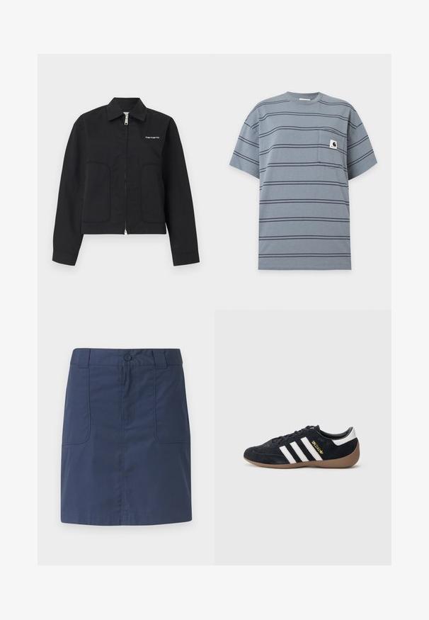 Veste noire à fermeture éclair avec col, deux poches avant, manches longues, et petit logo blanc "Carhartt" sur la poitrine gauche.; T-shirt bleu à manches courtes avec fines rayures horizontales foncées et une poche poitrine présentant un logo patch carré blanc.; Jupe en coton bleu marine avec boutons sur le devant et passants de ceinture, comportant deux grandes poches plaquées frontales et un ourlet droit.; Baskets en daim noir avec trois bandes blanches, semelle en caoutchouc beige, et un petit logo doré sur le côté. Dotées d'une doublure intérieure noire lisse.