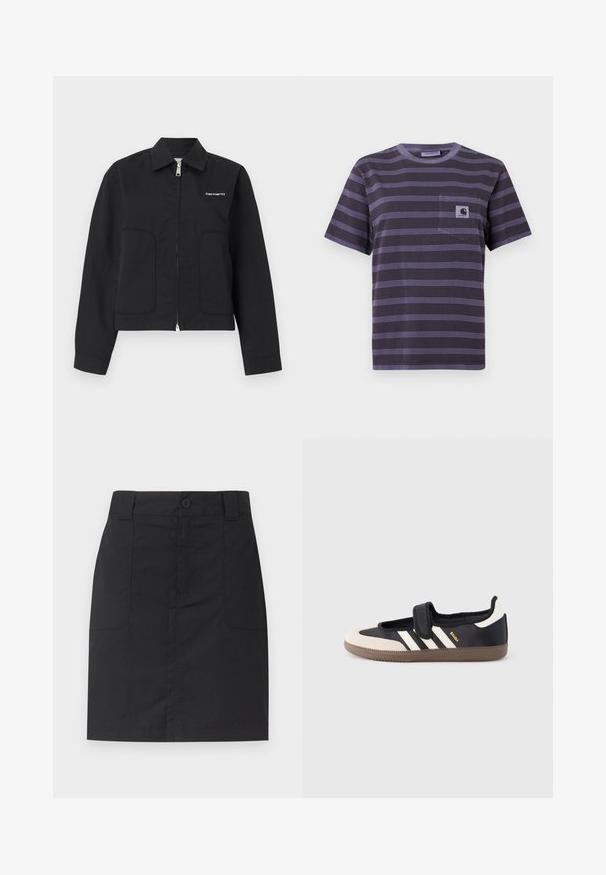 Veste noire à fermeture éclair avec col, deux poches avant, manches longues, et petit logo blanc "Carhartt" sur la poitrine gauche.; T-shirt violet à rayures avec une poche sur la poitrine gauche, présentant des rayures noires horizontales. Tissu doux, manches courtes, col rond.; Jupe noire mi-longue avec passants de ceinture, fermeture à boutons et zip à l'avant, et deux poches plaquées sur le devant, sur un fond uni.; Baskets noires et beiges avec une bride en velcro, trois bandes blanches sur le côté, et une semelle en caoutchouc marron texturée. Logo de la marque visible.