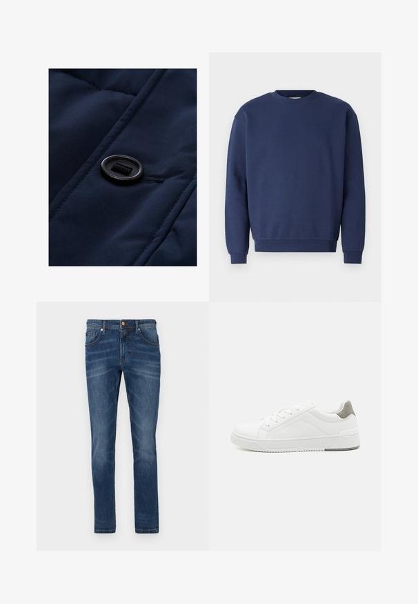 Marineblauwe gewatteerde stof met een gladde textuur, voorzien van een zwarte knop en trekkoord-detail op het oppervlak, waarbij de quiltpatronen worden benadrukt.; Navyblauwe sweatshirt van zacht materiaal, met een ronde halslijn en geribbelde manchetten. Bevat een subtiele logo op de borst.; Donkerblauwe denim jeans met een rechte pijp, vijf zakken, subtiele vervaging, contrasterende stiksels en een knoopsluiting in de taille.; Witte sneaker van glad leer met een ronde neus, minimalistisch ontwerp, grijze hielaccent en een geplaatste rubberen zool.