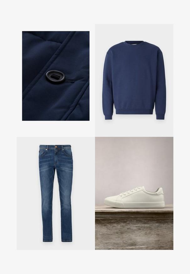 Marineblaues gepolstertes Gewebe mit glatter Oberfläche, das mit einem schwarzen Knopf und einer Kordelzug-Detail versehen ist und die Steppmuster hervorhebt.; Marineblaues Sweatshirt aus weichem Stoff, mit rundem Ausschnitt und gerippten Bündchen. Enthält ein dezentes Logo auf der Brust.; Dunkelblaue Jeans aus Denim mit geradem Bein, fünf Taschen, dezente Verwaschungen, kontrastierende Nähte und einem Knopfverschluss an der Taille.; Weiße Schnürsneaker, die über einer Holzbank mit grünem Laub im Hintergrund schweben und das Schuhdesign sowie die Textur zeigen.