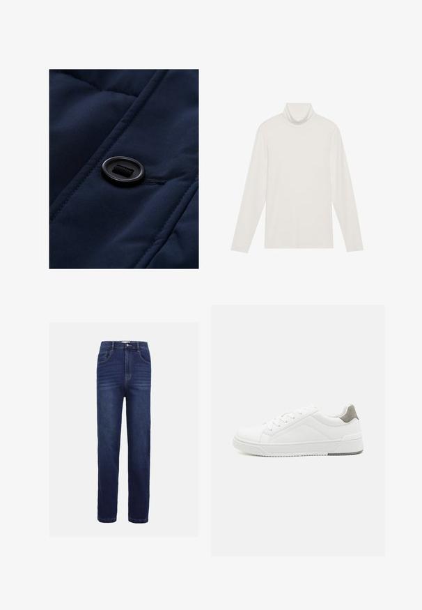 Marineblauwe gewatteerde stof met een gladde textuur, voorzien van een zwarte knop en trekkoord-detail op het oppervlak, waarbij de quiltpatronen worden benadrukt.; Langsleeve turtleneck top in het wit. Zacht, rekbaar materiaal met een aansluitende pasvorm. Heeft een hoge hals en minimale naaddetails.; Donkerblauwe denim jeans met een recht model, vijf zakken, een knoopsluiting en subtiele horizontale stiksels.; Witte sneaker van glad leer met een ronde neus, minimalistisch ontwerp, grijze hielaccent en een geplaatste rubberen zool.