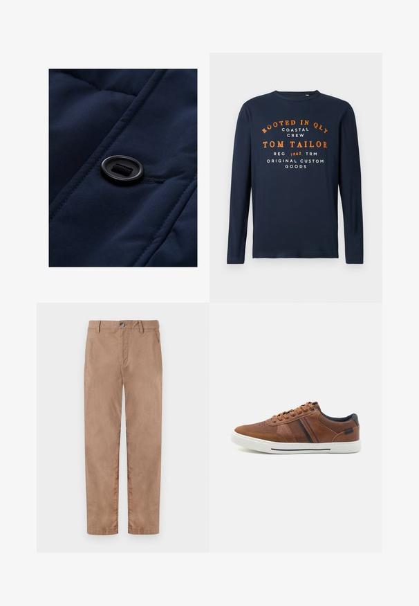 Marineblaues gepolstertes Gewebe mit glatter Oberfläche, das mit einem schwarzen Knopf und einer Kordelzug-Detail versehen ist und die Steppmuster hervorhebt.; Marineblaue Langarmshirt mit Rundhalsausschnitt, bedruckt mit orangefarbenem und weißem Text: "VERWURZELT IN QLY COASTAL CREW TOM TAILOR 1962 ORIGINAL CUSTOM GOODS."; TOM TAILOR REGULAR WASHED - Chino - caribou beige; Braune Leder-Sneaker mit glatter Textur, weißer Gummisohle, schwarzen Akzenten und dekorativen Nähten sowie seitlichen Streifen.