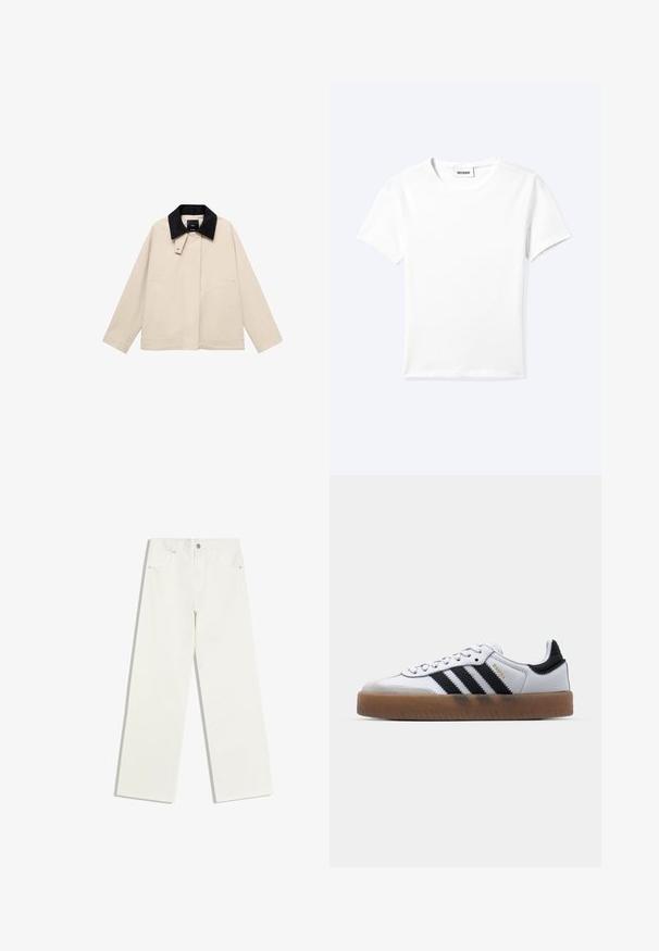 Beige jakke med en sort fløjlskrage, der har sidelommer og en lige silhuet. Lavet af letvægtsstof, designet til alsidighed.; Ensfarvet hvid t-shirt med korte ærmer og rund halsudskæring med en lille "WEEKDAY" label indeni halskanten, vist fladt på en lys baggrund.; Hvide jeans med højt liv og lige ben, med forlommer og knaplukning på hvid baggrund.; Hvide lædersneakers med sorte striber, gummirubber sål, rund tå, snørelukning og blød grå ruskinds tåhætte.