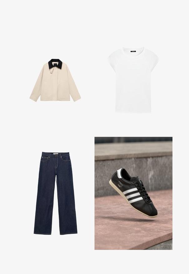 Beige jakke med en sort fløjlskrage, der har sidelommer og en lige silhuet. Lavet af letvægtsstof, designet til alsidighed.; Hvid, kortærmet t-shirt med rund halsudskæring og raglanærmer, vist på en hvid baggrund.; Mørkeblå denim jeans med brede, lige ben, forlommer og lukning med knap og lynlås.; Sort lædersneaker med hvide striber og sål, snøret, svævende over en rosa betonoverflade med en grå stenvæg i baggrunden.