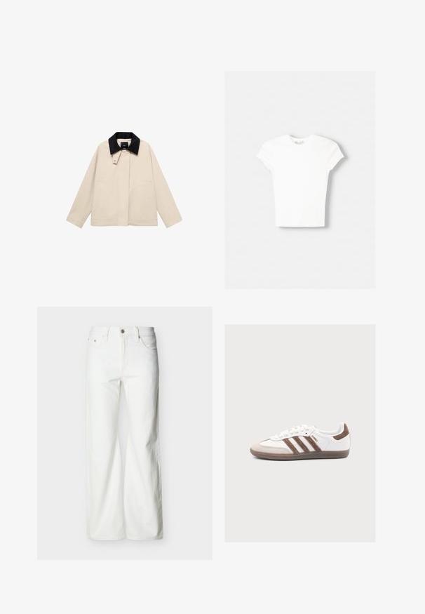 Beige jakke med en sort fløjlskrage, der har sidelommer og en lige silhuet. Lavet af letvægtsstof, designet til alsidighed.; Hvid kortærmet t-shirt lavet af blød bomuld, med rund halsudskæring og en tætsiddende form. Ingen synlige mønstre eller udsmykninger.; Hvide jeans med høj talje og lige ben, med forreste knap, lynlåslukning samt sidelommer og baglommer, mod en ensartet lys baggrund.; Hvid Adidas Samba sneaker med brune ruskindstriber, brun ruskindstå og gummisål på en lys grå baggrund.