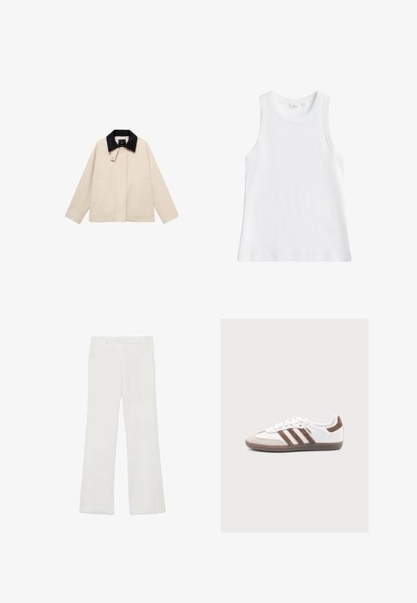 Beige jakke med en sort fløjlskrage, der har sidelommer og en lige silhuet. Lavet af letvægtsstof, designet til alsidighed.; Hvid ribbet ærmeløs tanktop med rund halsudskæring, størrelse small, vist på ensfarvet baggrund.; Hvide, vide bukser lavet af letvægtsstof, med en glat overflade og uden synlige mønstre eller hardware.; Hvid Adidas Samba sneaker med brune ruskindstriber, brun ruskindstå og gummisål på en lys grå baggrund.