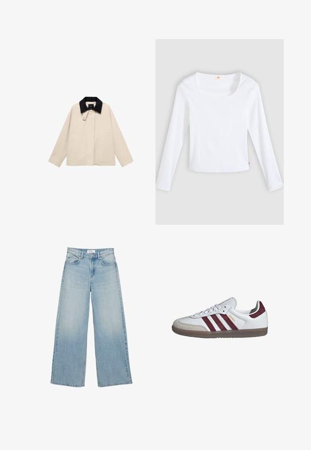 Beige jakke med en sort fløjlskrage, der har sidelommer og en lige silhuet. Lavet af letvægtsstof, designet til alsidighed.; Hvid langærmet t-shirt lavet af ribstrikket stof, med firkantet halsudskæring og tætsiddende design, med en lille logotag i siden.; Lyseblå højtaljede jeans med vide ben, forlommer, knaplukning og bæltestropper på en hvid baggrund.; Hvid lavtop Adidas Samba sneaker med vinrøde striber, beige ruskindets forfod og gummisål.