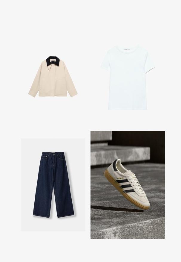 Beige jakke med en sort fløjlskrage, der har sidelommer og en lige silhuet. Lavet af letvægtsstof, designet til alsidighed.; Ensfarvet hvid kortærmet bomuldst-shirt med rund hals, vist fladt på hvid baggrund, uden synlige mønstre eller logoer.; Mørkeblå vidde denimjeans med knap- og lynlås foran, forlommer og bæltestropper, lagt fladt på en hvid baggrund.; Hvid Adidas Spezial sneaker med sorte striber og gummisål, svævende over grå stentrin udendørs.