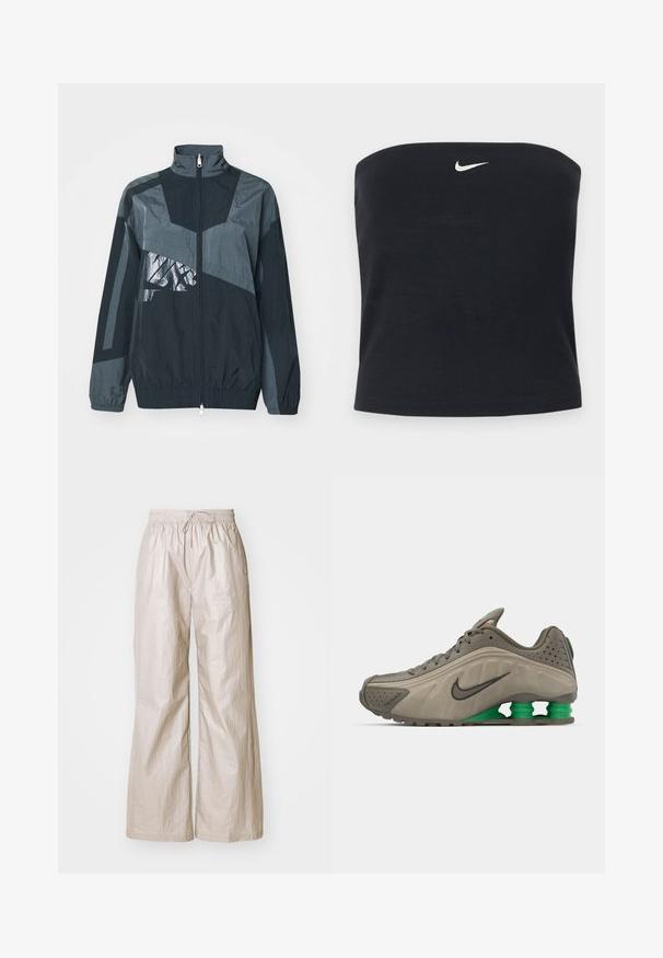 Čierna a šedá vetrovka s vysokým golierom, zipsom vpredu a elastickými manžetami. Obsahuje geometrické vzory a lesklý grafický detail.; Čierny Nike strapless tube top s bielym logom Swoosh v strede blízko horného okraja, jednofarebné pozadie.; Svetlo béžové široké nohavice vyrobené z krčenej látky, s elastickým pásom na šnúrku a bočnými vreckami.; Nike tenisky v olivovo zelenej farbe s hladkým povrchom, perforovanými detailmi, čiernymi akcentmi a zeleným polstrovaním na päte. Ľahký, aerodynamický dizajn.