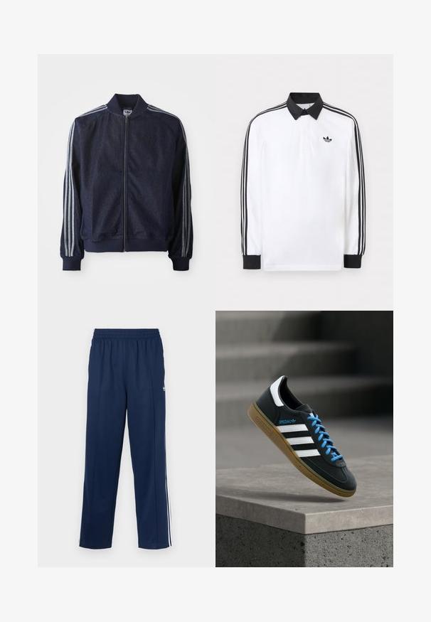 Marineblaue Jeansjacke mit Reißverschluss vorne, gerippten Bündchen und drei weißen Streifen an jedem Arm. Mit kleinem Logo auf der Brust.; Weißes Polo mit langen Ärmeln, schwarzem Kragen, schwarzen Bündchen, schwarzem Drei-Streifen-Design an den Ärmeln und schwarzem Adidas-Logo auf der Brust.; Marineblaue Sporthose mit strukturierter Oberfläche, elastischem Bund und weißen Seitenstreifen. Mit geradem Schnitt und ohne Taschen.; Schwarzer Adidas-Sneaker mit weißen Streifen, blauen Schnürsenkeln und Gummisohle, der über einer grauen Betontreppe im weichen Licht schwebt.