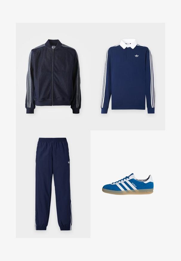 Marineblauwe denimjack met een ritssluiting aan de voorkant, geribbelde manchetten en drie witte strepen langs elke arm. Het heeft een klein logo op de borst.; Marineblauw poloshirt met lange mouwen, katoenen stof, witte kraag, met klassieke drie witte strepen langs de mouwen en een klein logo op de borst.; Marineblauwe trainingsbroek gemaakt van lichtgewicht stof, met witte strepen langs de zijkanten, een elastische tailleband en een klein logo.; Blauw-witte Adidas Gazelle sneaker met een gumzool en drie witte strepen, gezien vanaf de zijkant op een witte achtergrond.