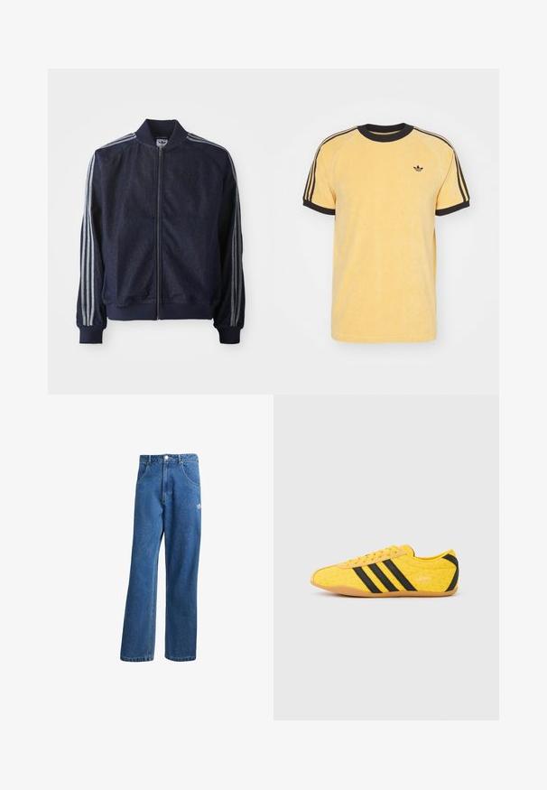 Námořnická denimová bunda se zipem vpředu, zúženými manžetami a třemi bílými pruhy na každém rukávu. Obsahuje malé logo na hrudi.; adidas Originals CALI TEE - Tričko s potlačou - oat; Modré riflové nohavice s vysokým pásom a širokým strihom, s prednými vreckami, pútkami na opasok, zapínaním na gombík a malým logom Adidas na pravej stehne.; Žltá športová obuv s textúrovaným zvrškom, s čiernymi pruhmi a logom. Zaoblená špička, mäkká podrážka a vzor v tvare cik-cak na materiáli.