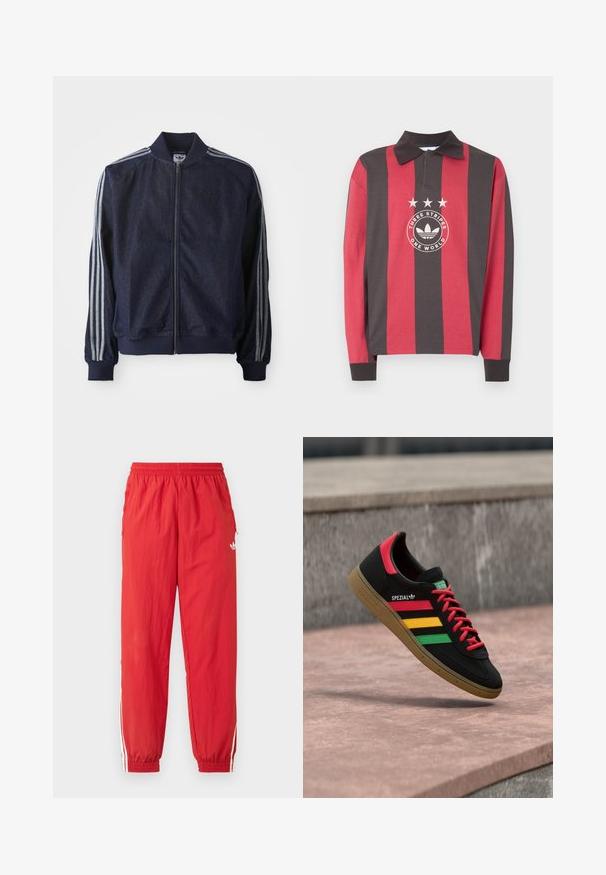 Mørkeblå denimjakke med lynlås foran, ribbede manchetter og tre hvide striber langs hver arm. Har et lille logo på brystet.; Langærmet polo med brede, lodrette røde og mørkegrå striber, krave og midterlogo med tre stjerner og teksten "Three Stripes One World."; Røde atletikbukser af letvægtsmateriale med elastisk taljebånd, hvide sideliver og et lille logo på det øverste ben.; Sort Adidas Spezial-sneaker med røde, gule og grønne striber, røde snørebånd, gummisål og rødt hældetalje, vist svævende over fortovet.