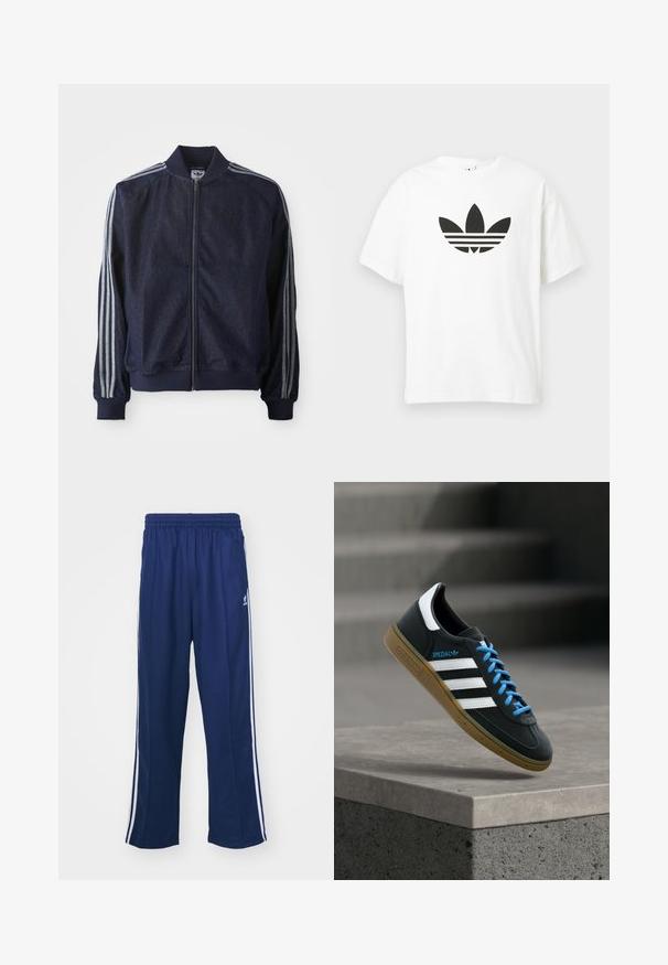 Mørkeblå denimjakke med lynlås foran, ribbede manchetter og tre hvide striber langs hver arm. Har et lille logo på brystet.; Hvid bomulds t-shirt med et stort sort Adidas trefoil-logo og tre vandrette striber nedenunder. Korte ærmer, rund halsudskæring.; Marineblå sportbukser med en afslappet pasform, udstyret med hvide sidestativer og elastisk talje. Glat stof, ingen synlige mønstre eller hardware.; Sort Adidas sneaker med hvide striber, blå snørebånd og gummisål, der svæver over gråt betontrin i blødt lys.
