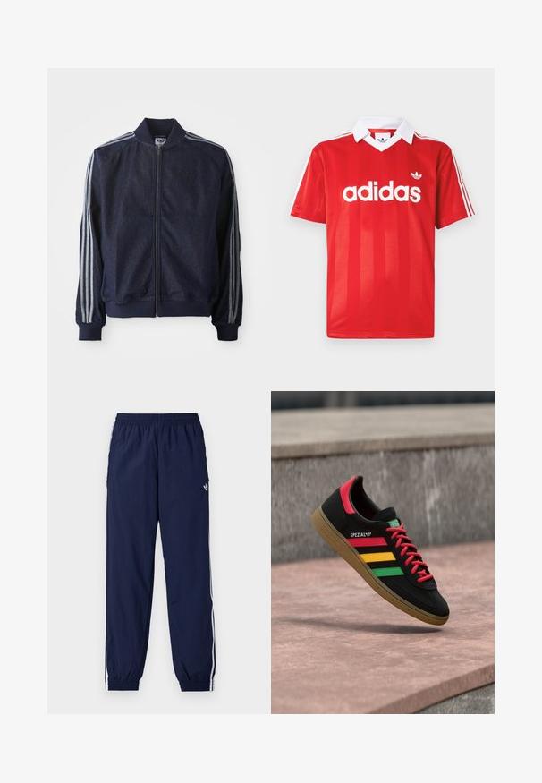 Marineblaue Jeansjacke mit Reißverschluss vorne, gerippten Bündchen und drei weißen Streifen an jedem Arm. Mit kleinem Logo auf der Brust.; Rotes Adidas-Sporttrikot mit weißem Kragen, drei weißen Streifen an den Ärmeln und Adidas-Logo mittig auf der Brust.; Marineblaue Trainingshose aus leichtem Stoff, mit weißen Streifen an den Seiten, einem elastischen Bund und einem kleinen Logo.; Schwarzer Adidas Spezial Sneaker mit roten, gelben und grünen Streifen, roten Schnürsenkeln, Gummisohle und rotem Fersen-Detail, schwebend über dem Pflaster gezeigt.